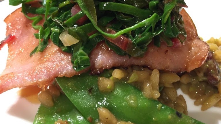 Pea Risotto with Glazed Virginia Ham and White Balsamic Greens