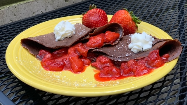 Chocolate Crepe with Strawberry Preserves and Whipped Cream