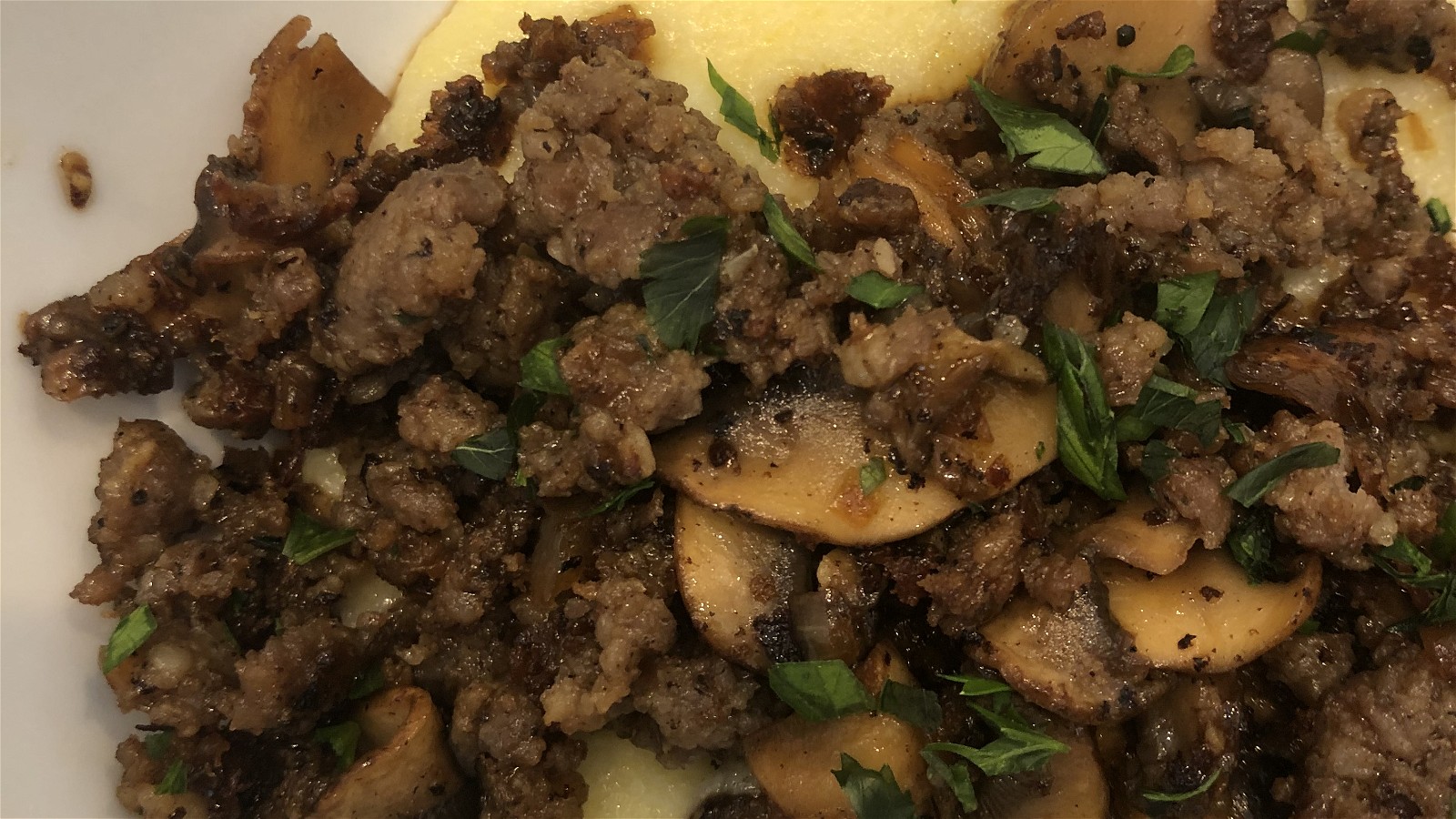 Creamy Polenta with Sausage and Sautéed Mushrooms