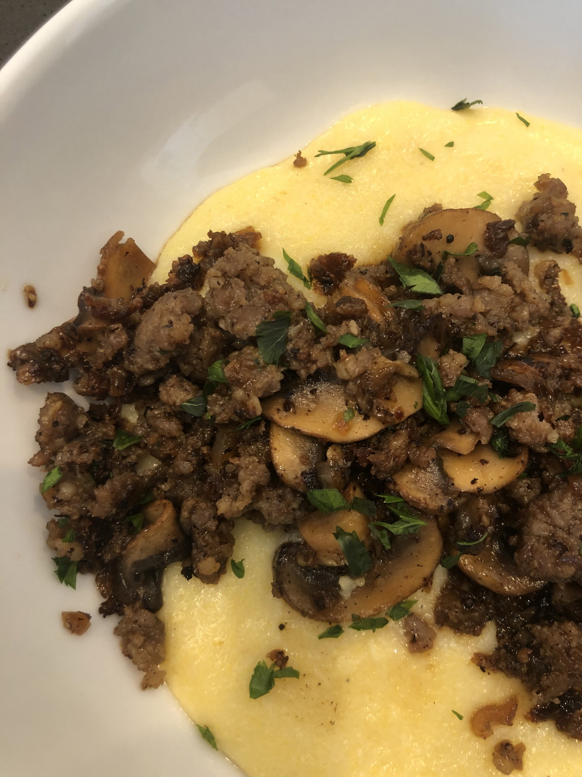 Creamy Polenta with Sausage and Sautéed Mushrooms