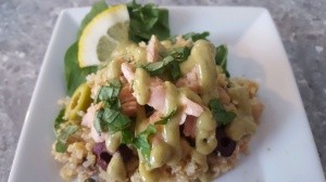 Image of Salmon, Chickpea, and Kalamata olives on  Quinoa with Lemon Vinaigrette