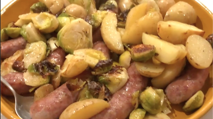 Image of Sheet Pan Sausages with Brussels Sprouts and Honey Mustard