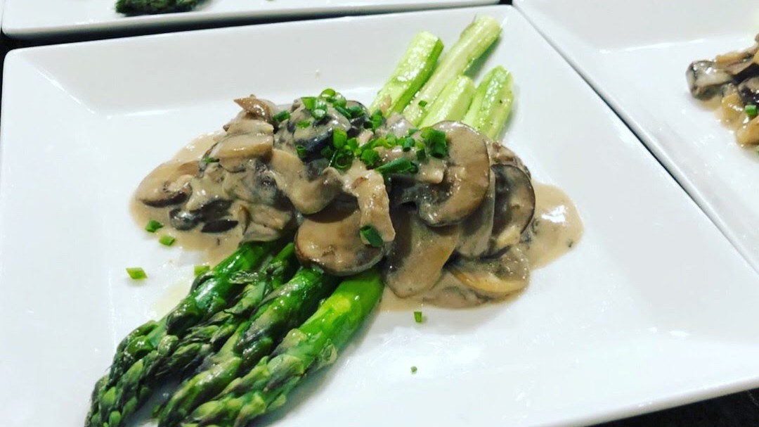 Image of Asparagus with Sautéed Mushrooms and Truffle Chive Fondue