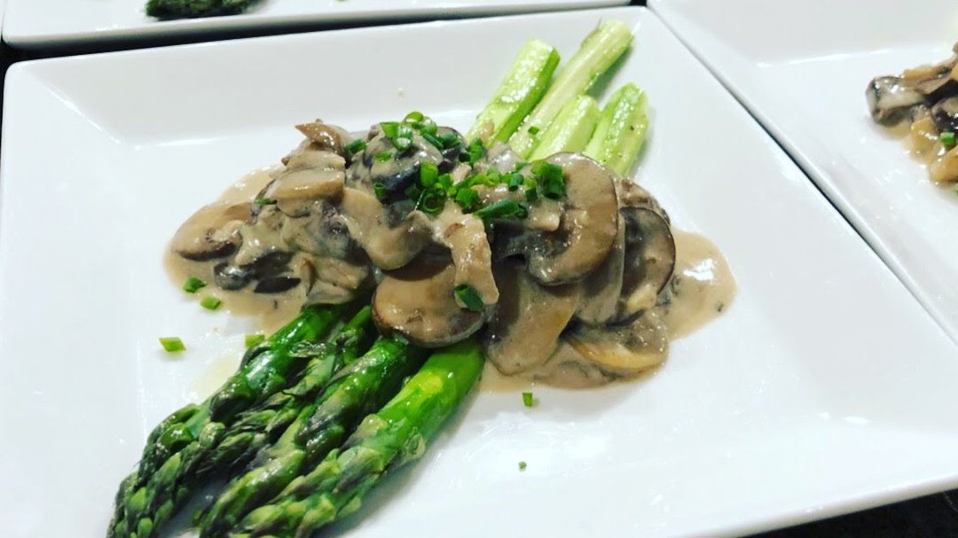 Asparagus with Sautéed Mushrooms and Truffle Chive Fondue