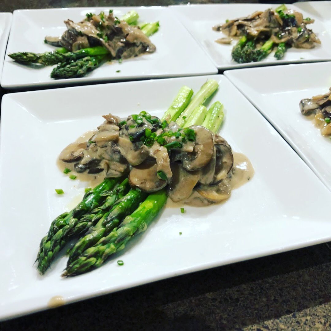 Asparagus with Sautéed Mushrooms and Truffle Chive Fondue