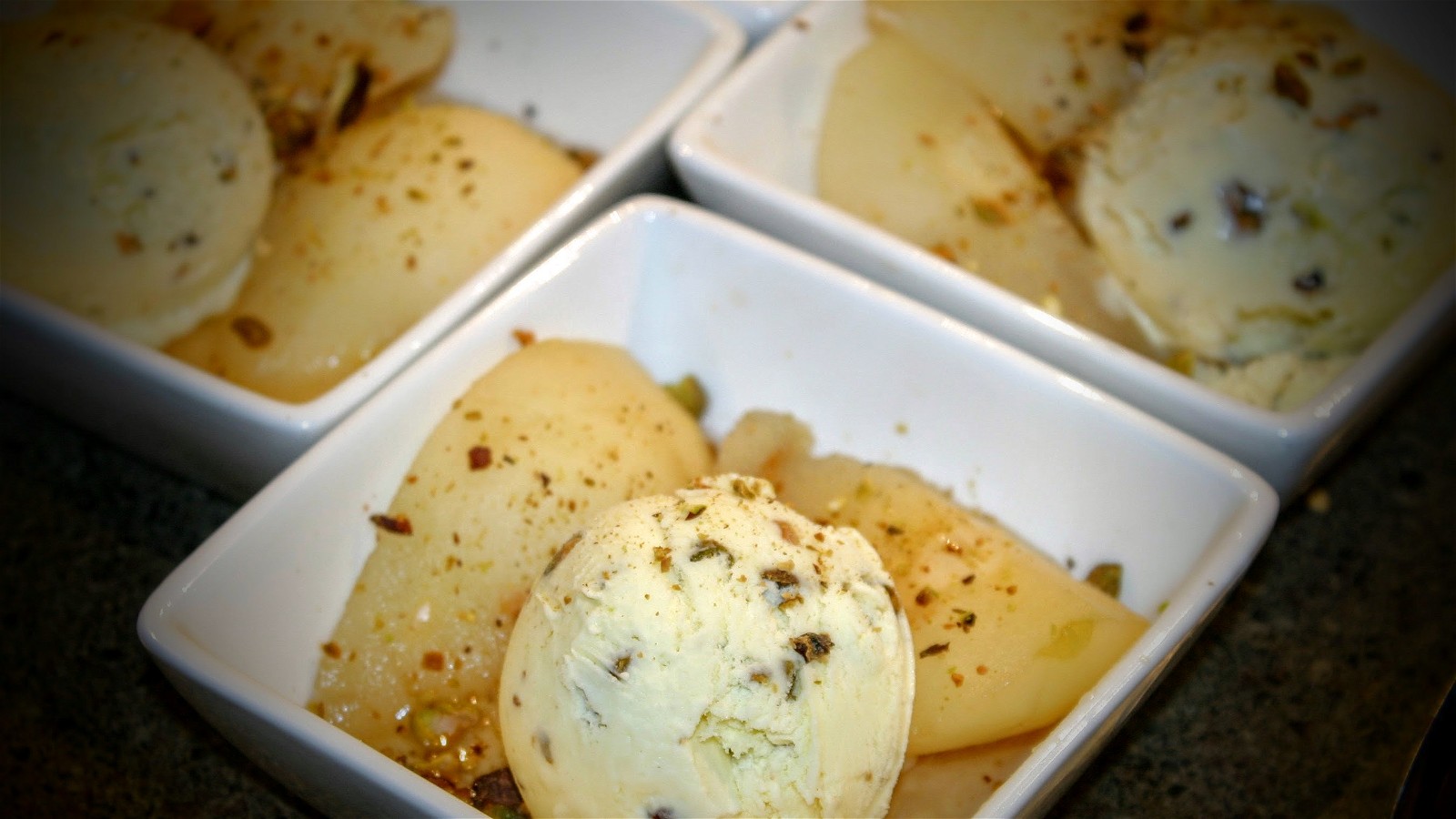 Image of Poached Pears with Pistachio Ice Cream