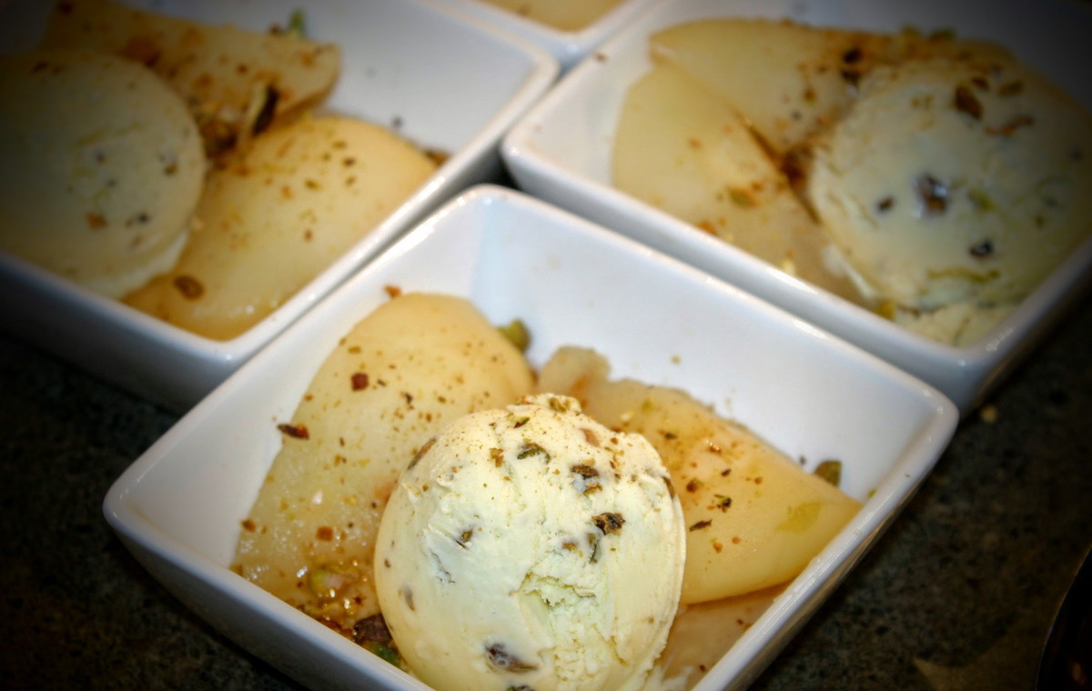 Poached Pears with Pistachio Ice Cream