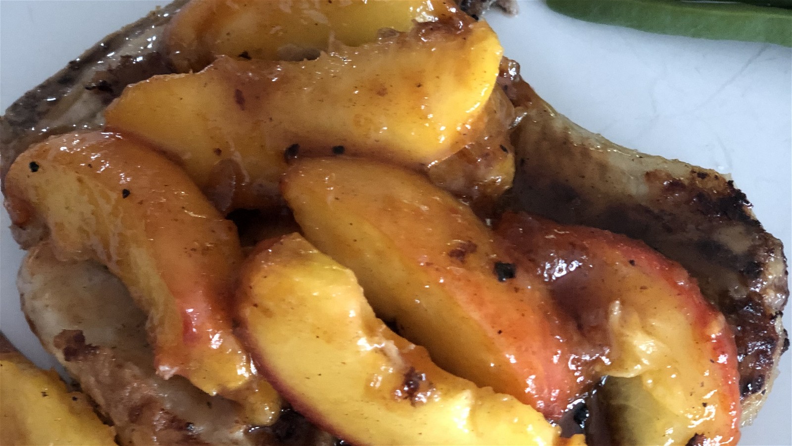 Bourbon Cured Pork Chops with Glazed Peaches
