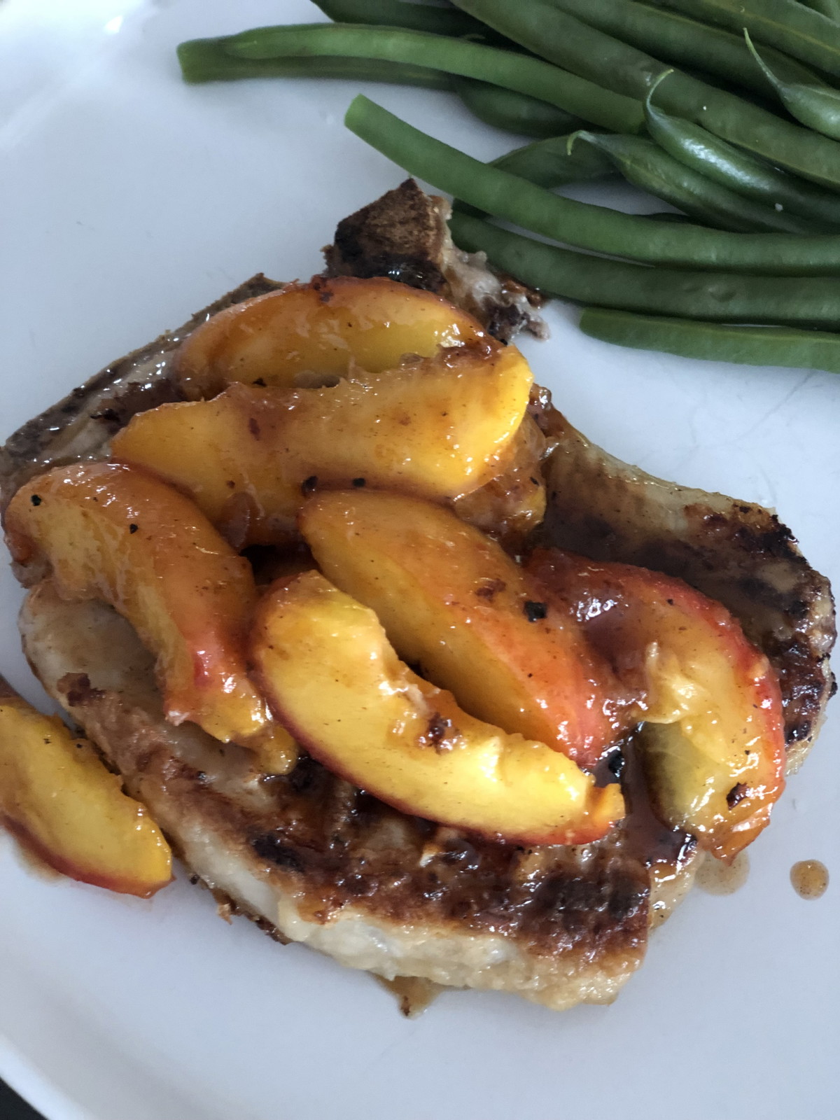 Bourbon Cured Pork Chops with Glazed Peaches