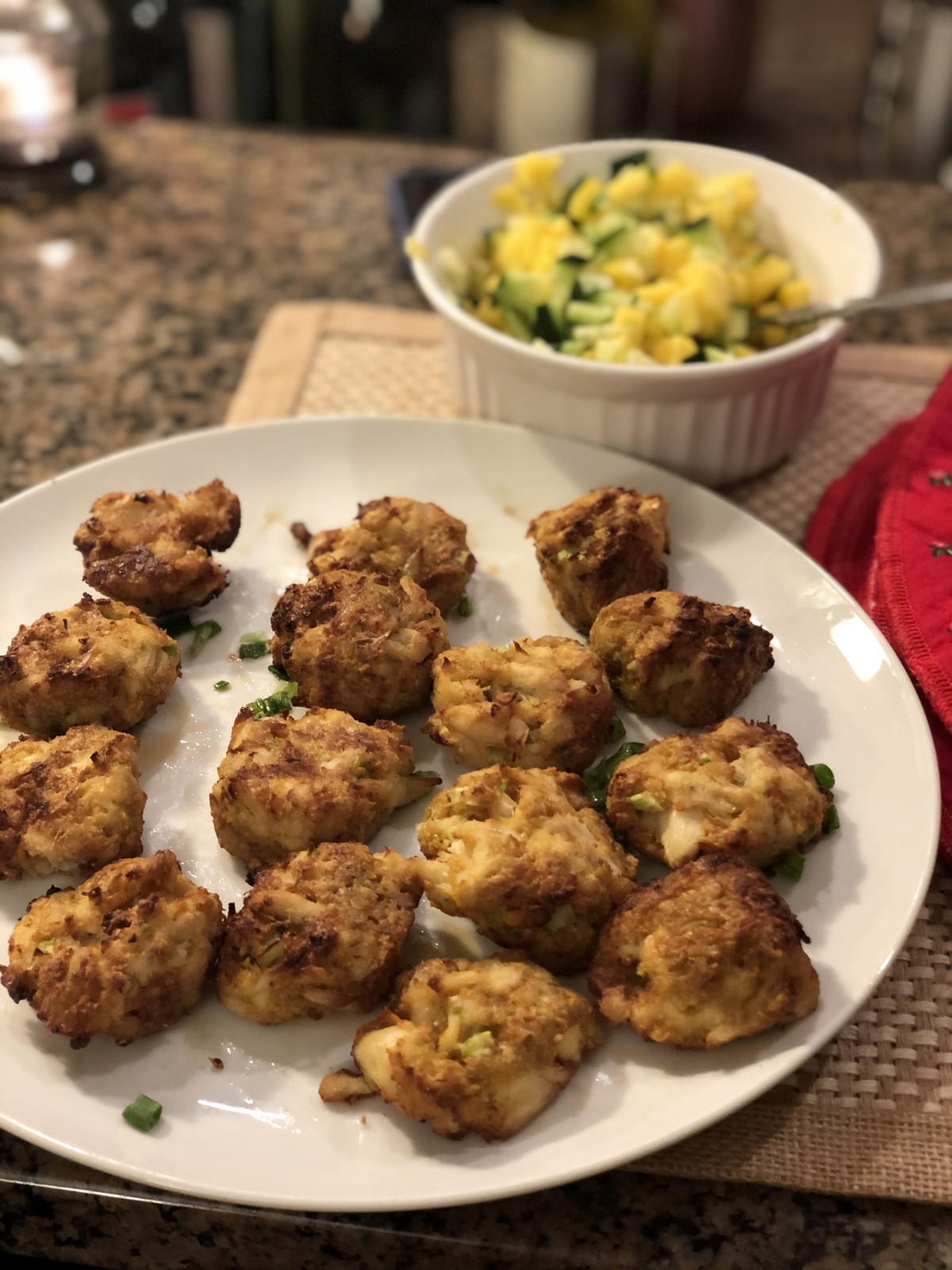Crab Cakes with Chili Lime Dressing and Mango Cucumber Relish