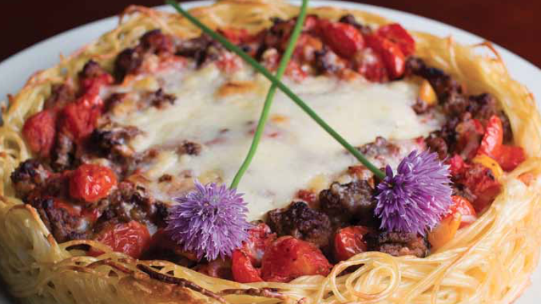 Image of Spaghetti Pie with Herb Roasted Tomatoes