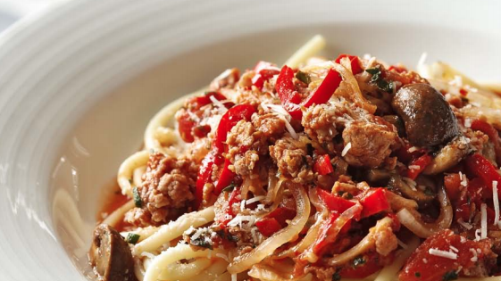 Image of Bucatini with Italian Sausage, Peppers and Onions