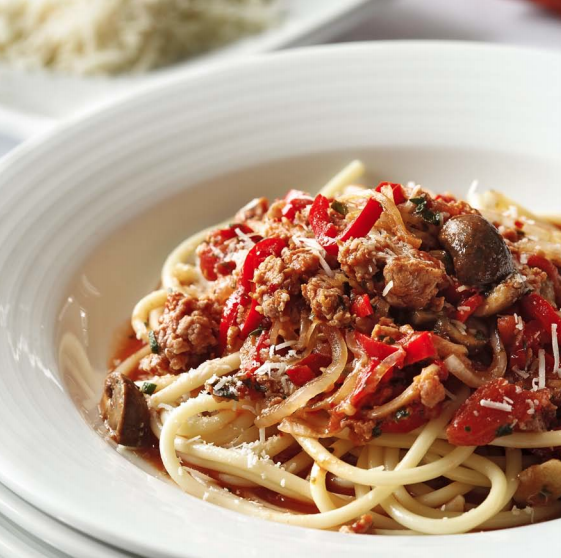 Bucatini with Italian Sausage, Peppers and Onions