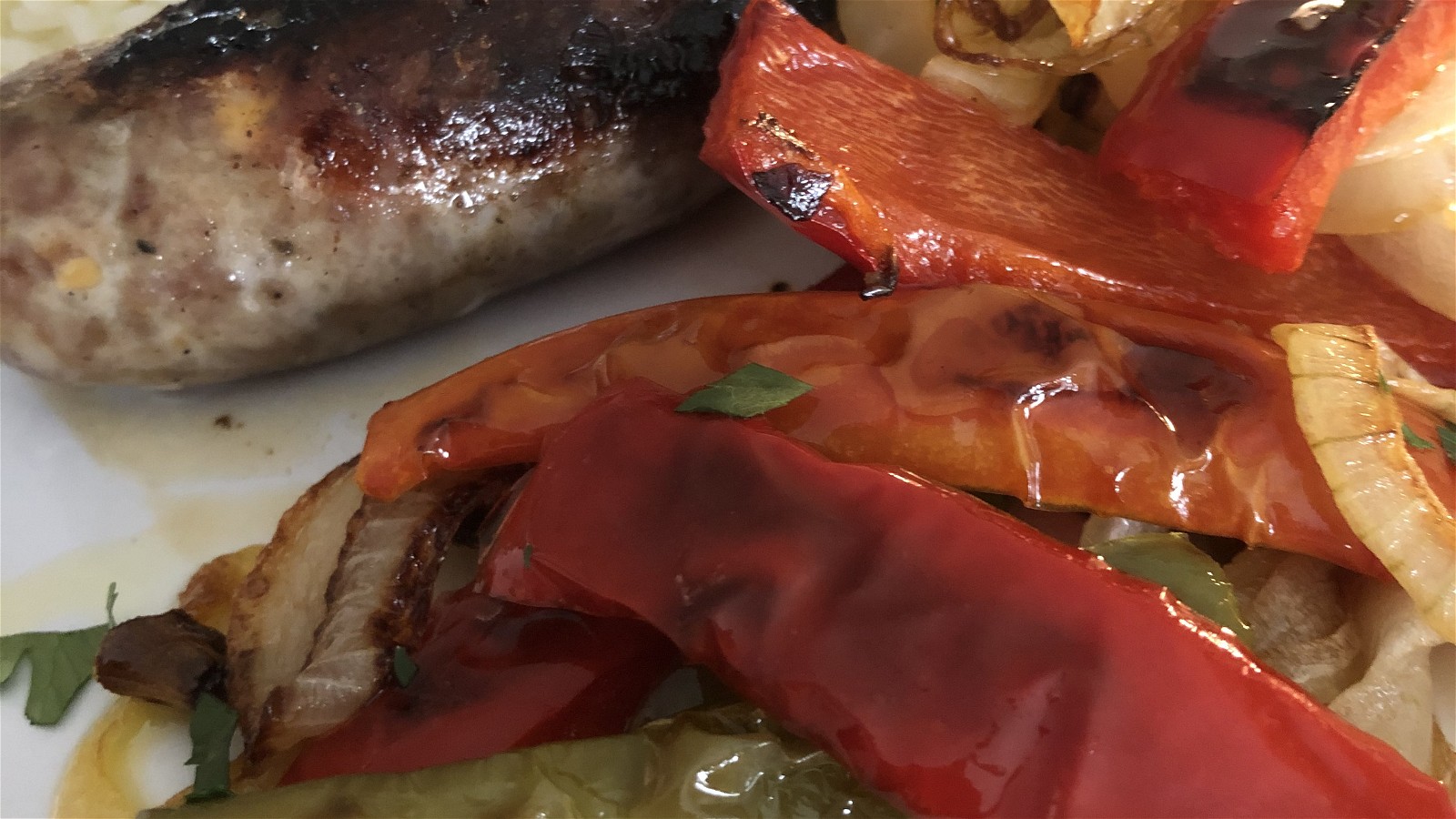Image of Grilled Sausages, Onions and Peppers