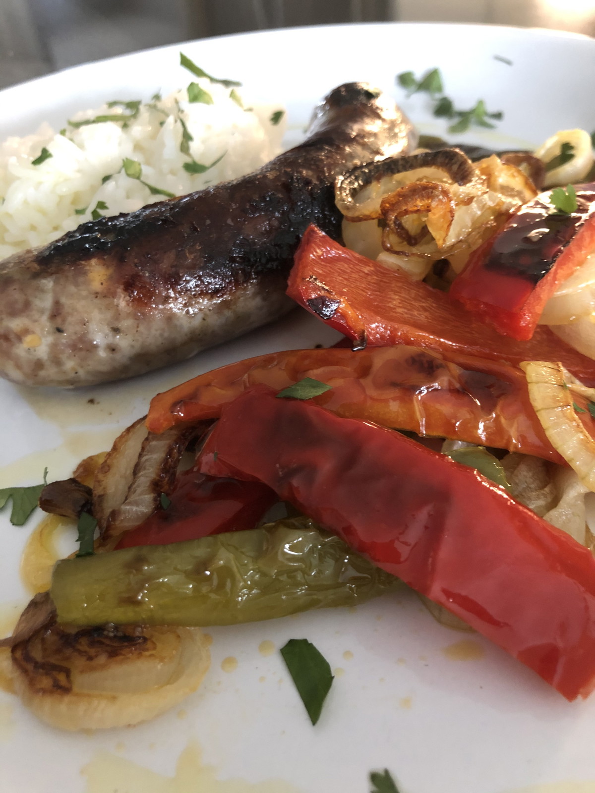 Grilled Sausages, Onions and Peppers