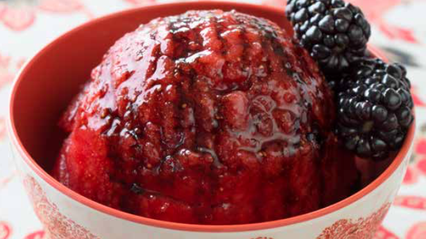 Strawberry Sorbet with Blackberry Syrup
