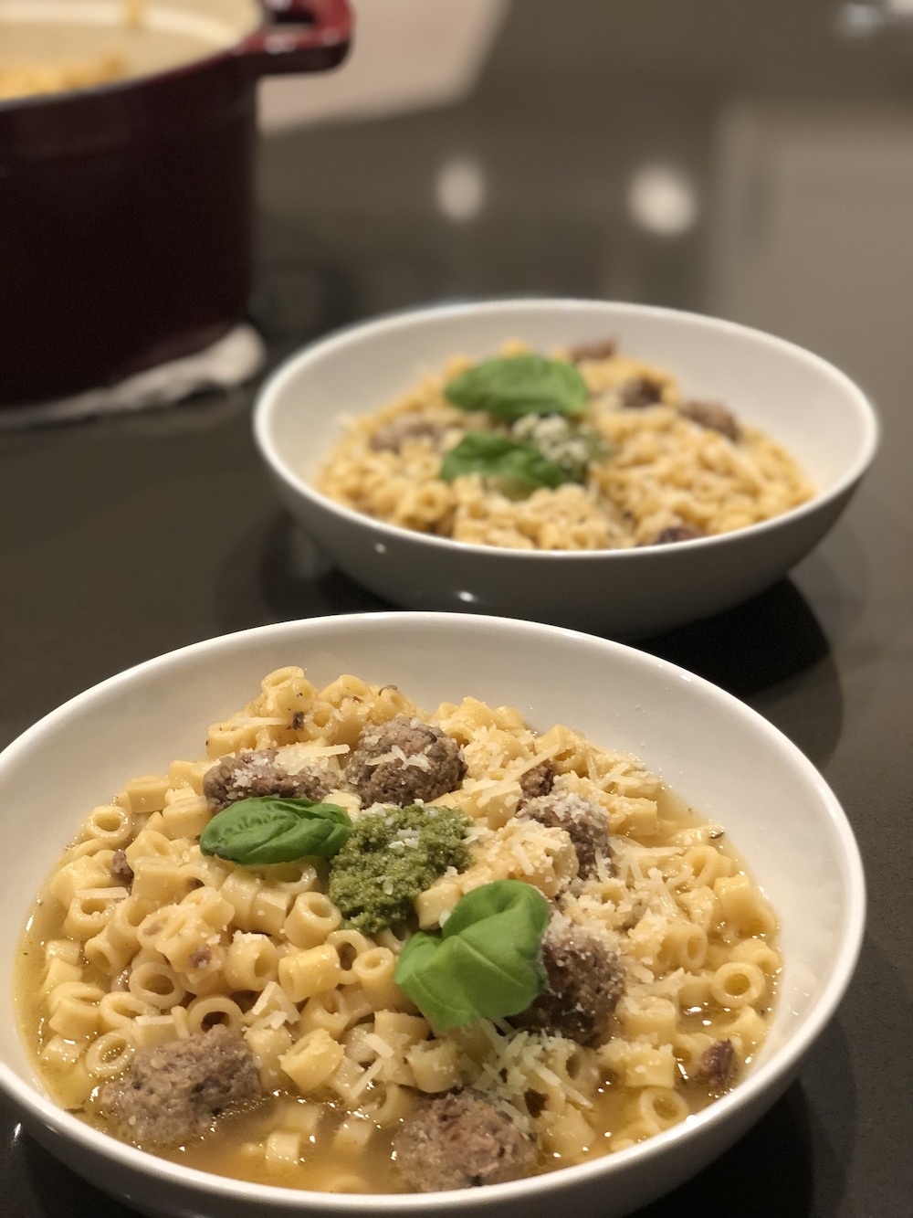Pesto Spaghettios and Meatball Soup