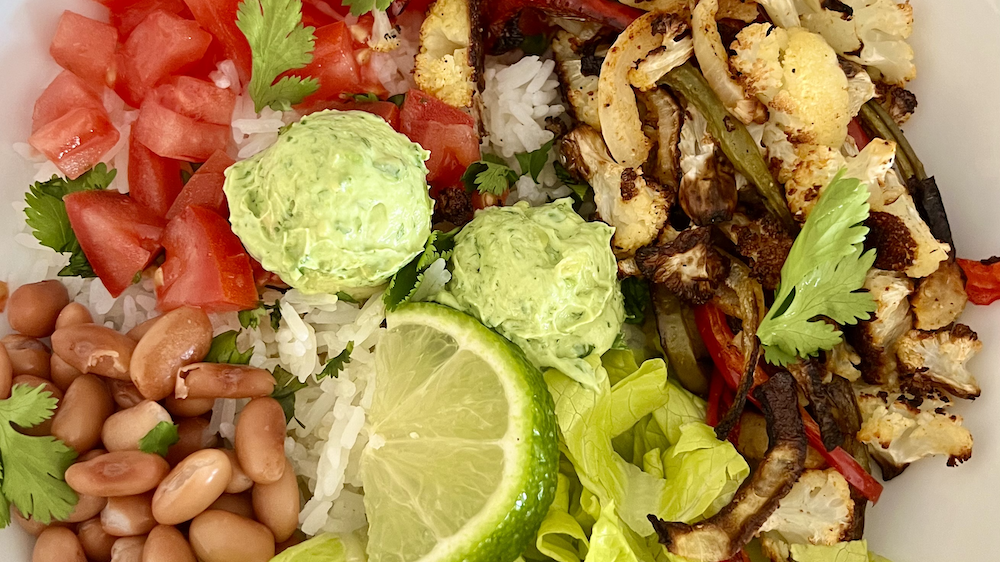 Vegetarian Burrito Bowl with Avocado Crema