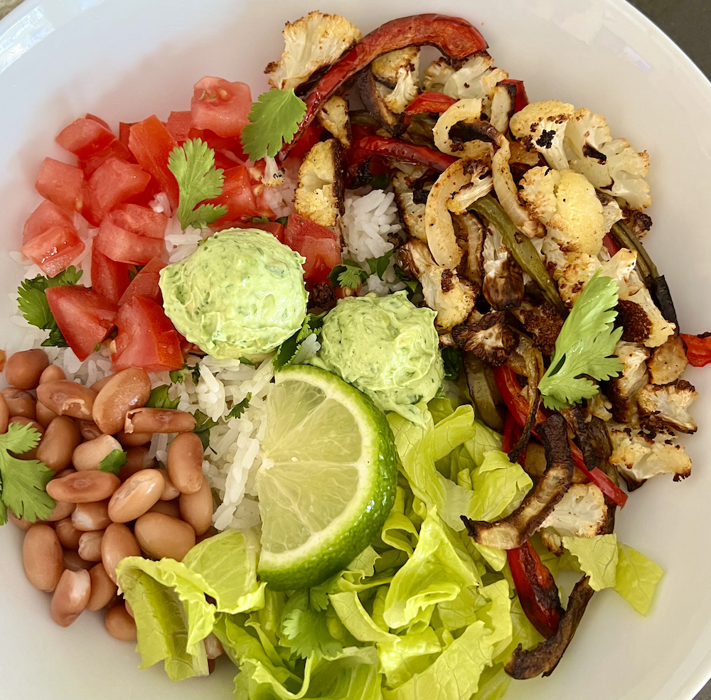 Vegetarian Burrito Bowl with Avocado Crema