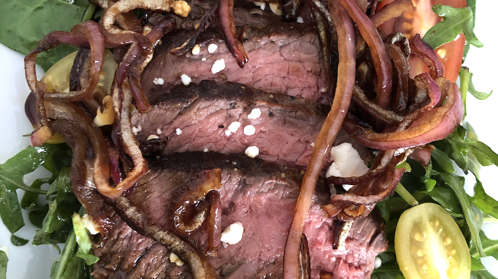 Steak Salad with Vinoso Onions, Tomatoes, Feta