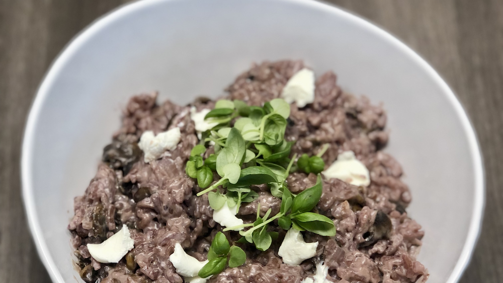 Red Wine Risotto with Caramelized Mushrooms