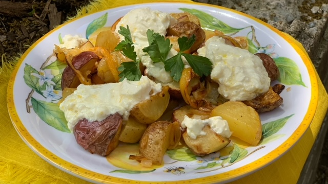 Lemony Roasted Garlic Potatoes with Burrata