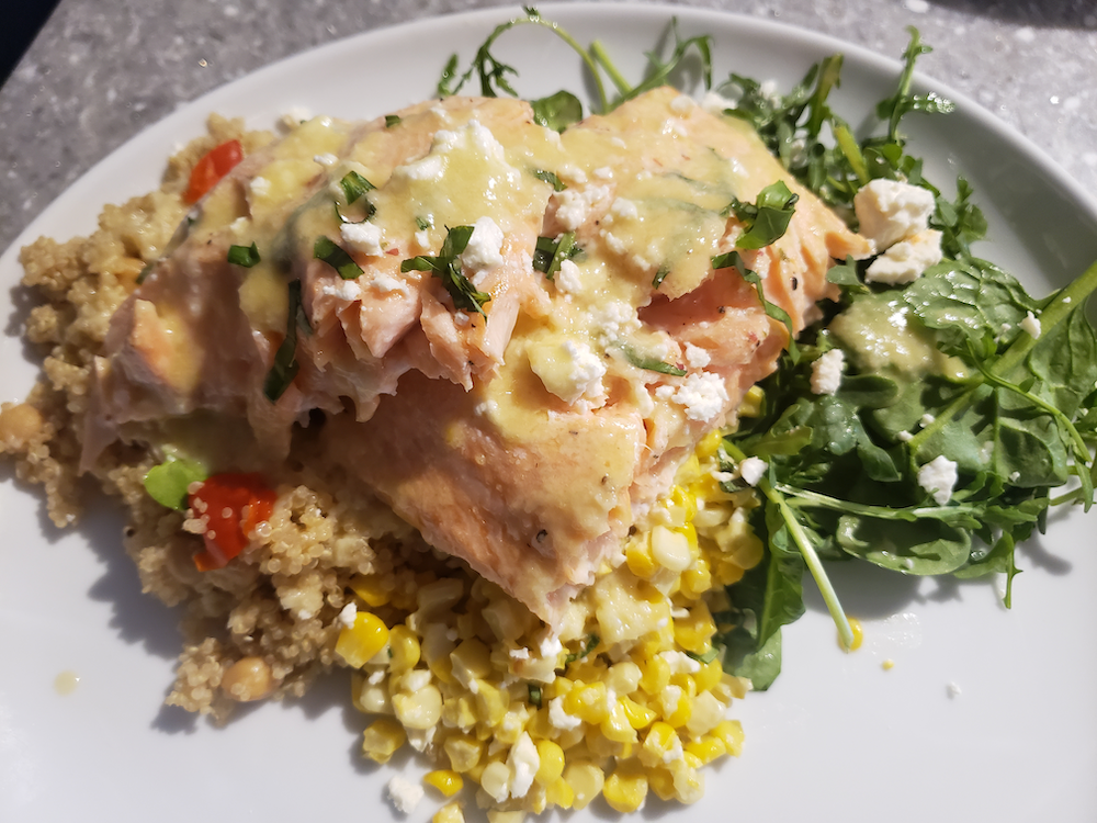 Roasted Salmon with Corn, Feta and Quinoa Salad