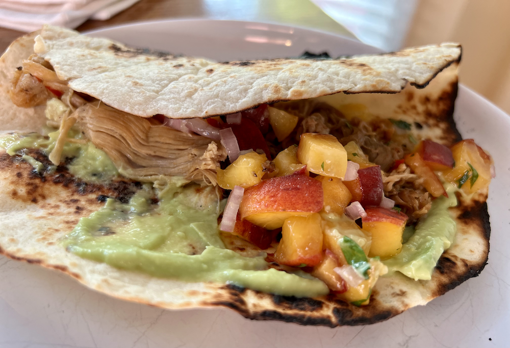 Spiced Pork Tacos with Avocado Creme and Peach Salsa