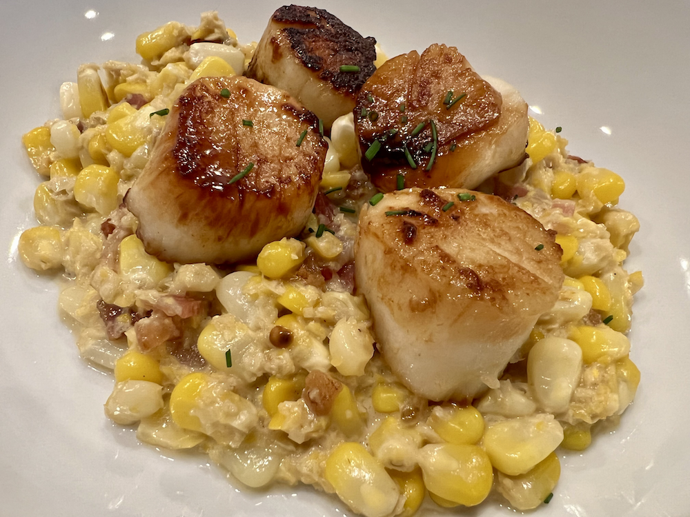 Seared Scallops with Creamy Corn and Bacon