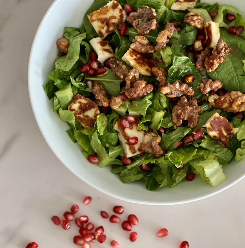 Pomegranate Salad with Halloumi Croutons