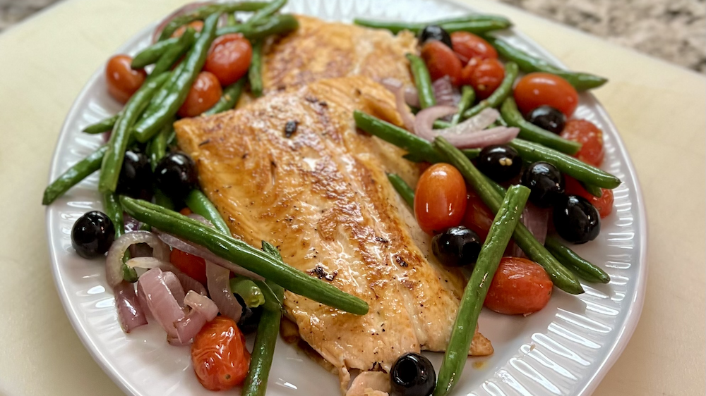 Image of Seared Salmon with Sheet Pan Beans and Tomatoes