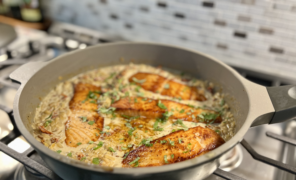 Creamy Sun-dried Tomato, Salmon Orzo