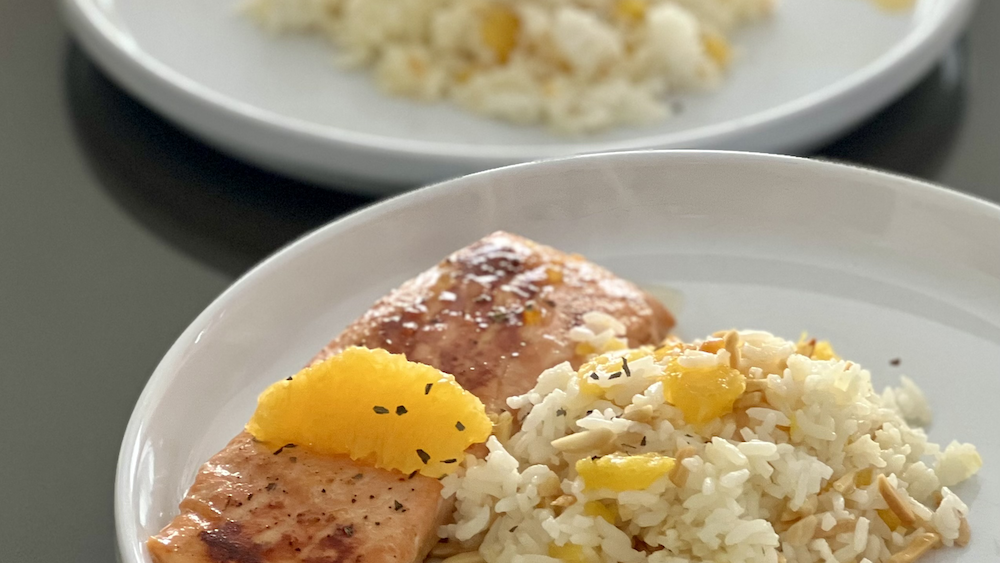 Image of Sweet and Spicy Glazed Salmon with Orange Rice