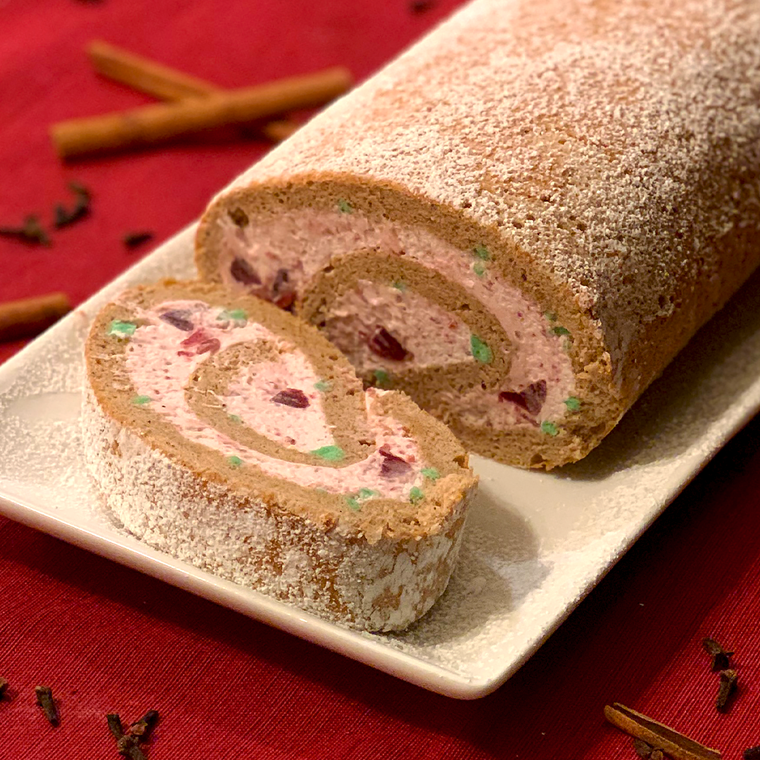 Image of Spice Cake Swiss Roll with Cranberry Whipped Cream Filling