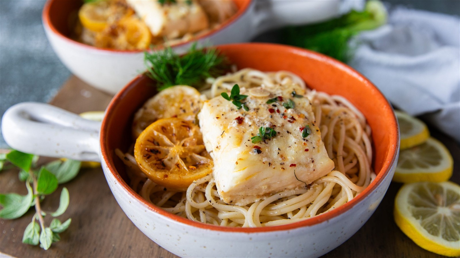 Image of Buttered Baked Halibut Over Pasta