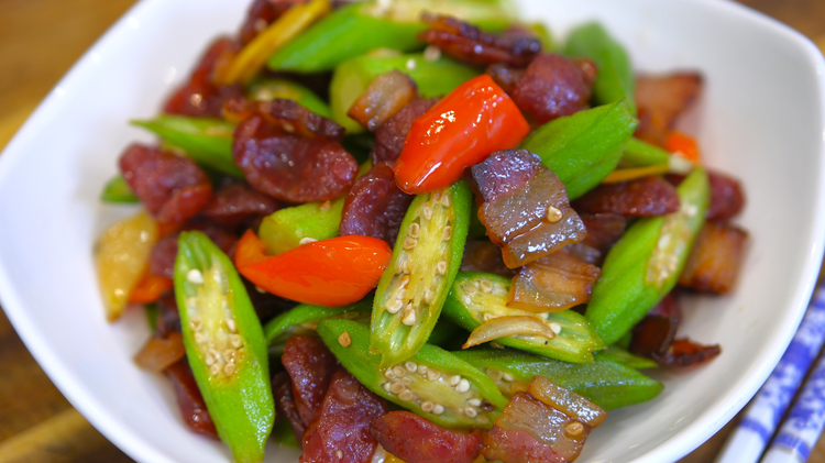 Image of The third recipe is a classic Chinese okra stir fry with cured meat. Okra pairs well with fatty cured meat because the oil coats the cut surface and prevents the okra from leaking sticking juice. You will not see slimy...