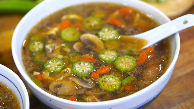 Image of Next, I am going to show my okra mushroom soup recipe, which is hearty, steamy, and healthy. The sticky liquid in okra is a type of soluble fiber, so once it dissolves into the soup, it is not slimy anymore....