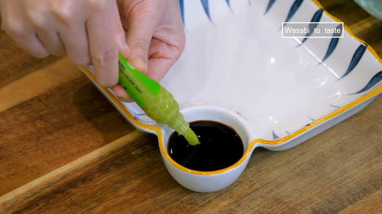 Image of While waiting,  thoroughly mix 2 Tbsps of low-sodium soy sauce with some wasabi to taste; If you don’t have low-sodium soy sauce, you can dilute the regular soy sauce with a bit of water by taste.