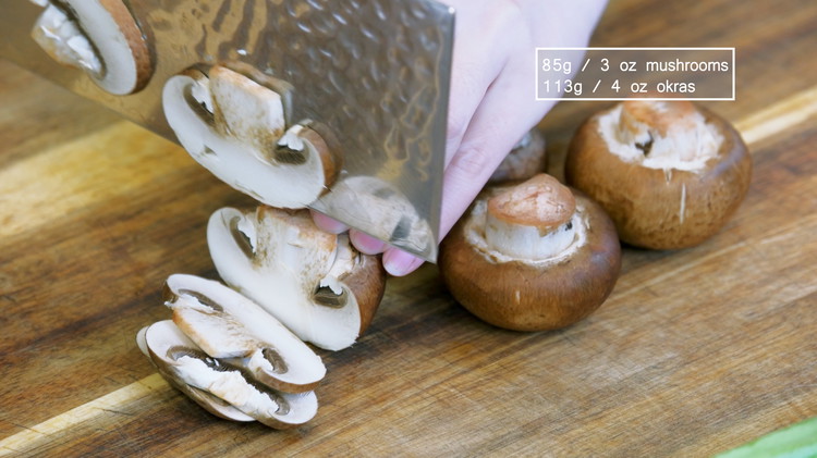 Image of During this time, you can cut the mushroom and okra into slices.