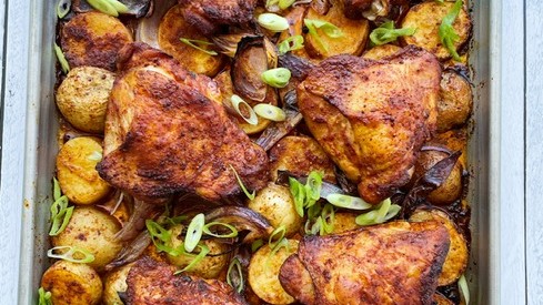 Image of BBQ Sheet Pan Chicken with Potatoes and Red Onion