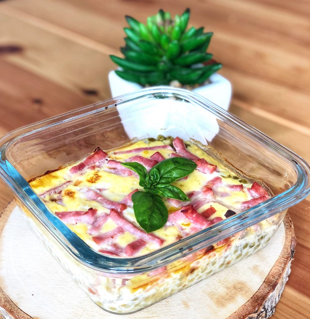 Clafoutis petits pois-bacon-boursin healthy