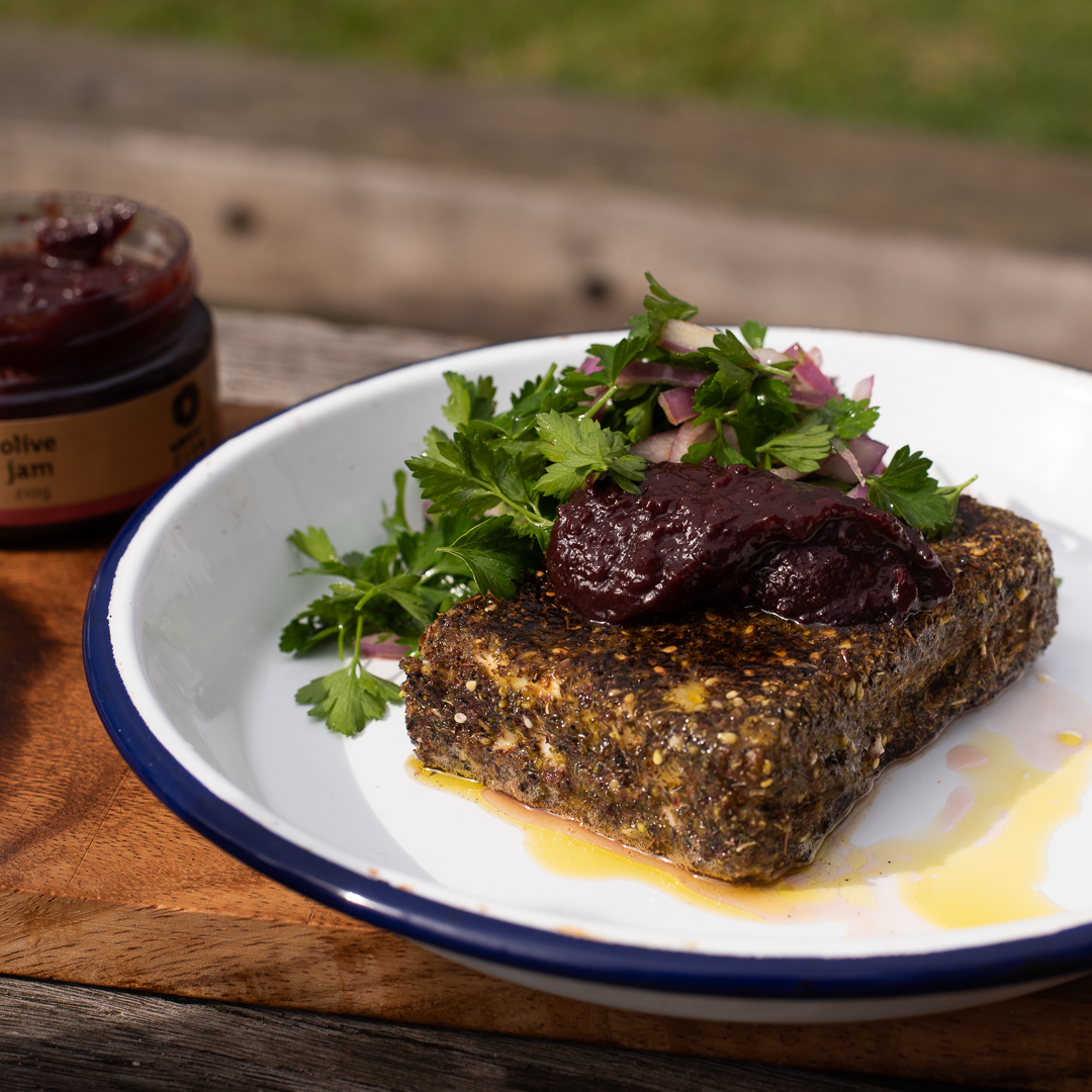 za'atar crusted feta with mount zero olive jam