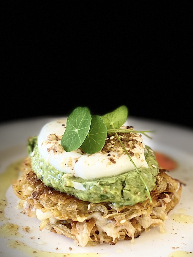 Image of dukkah rosti with guacamole & poached eggs