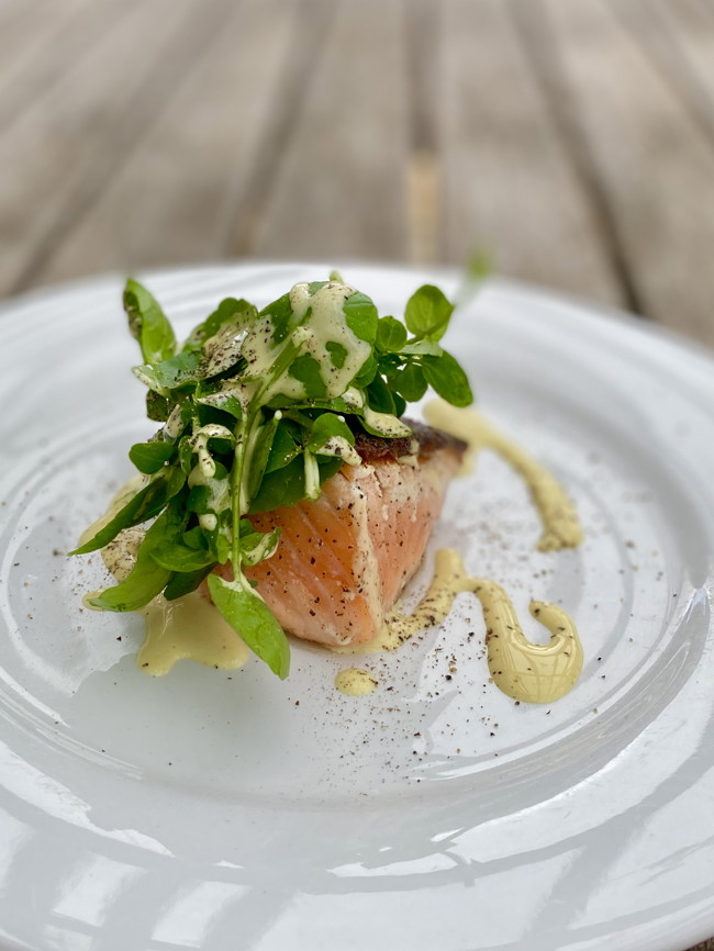 Image of crispy skin salmon with watercress & creamy mustard dressing