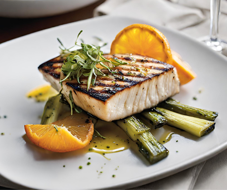 Grilled Swordfish with Charred Leeks, Olive & Citrus