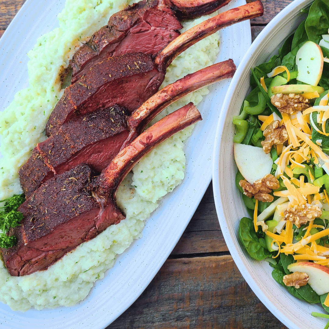 Smoked Elk Rack with Cauliflower Mash & Spinach Salad