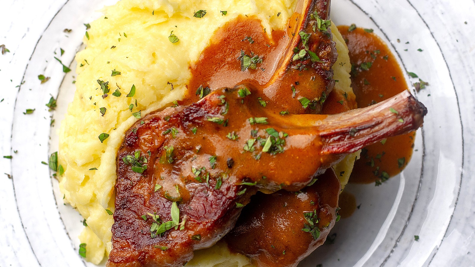 Image of Lamb Chops with BBQ Gravy and Mashed Potatoes