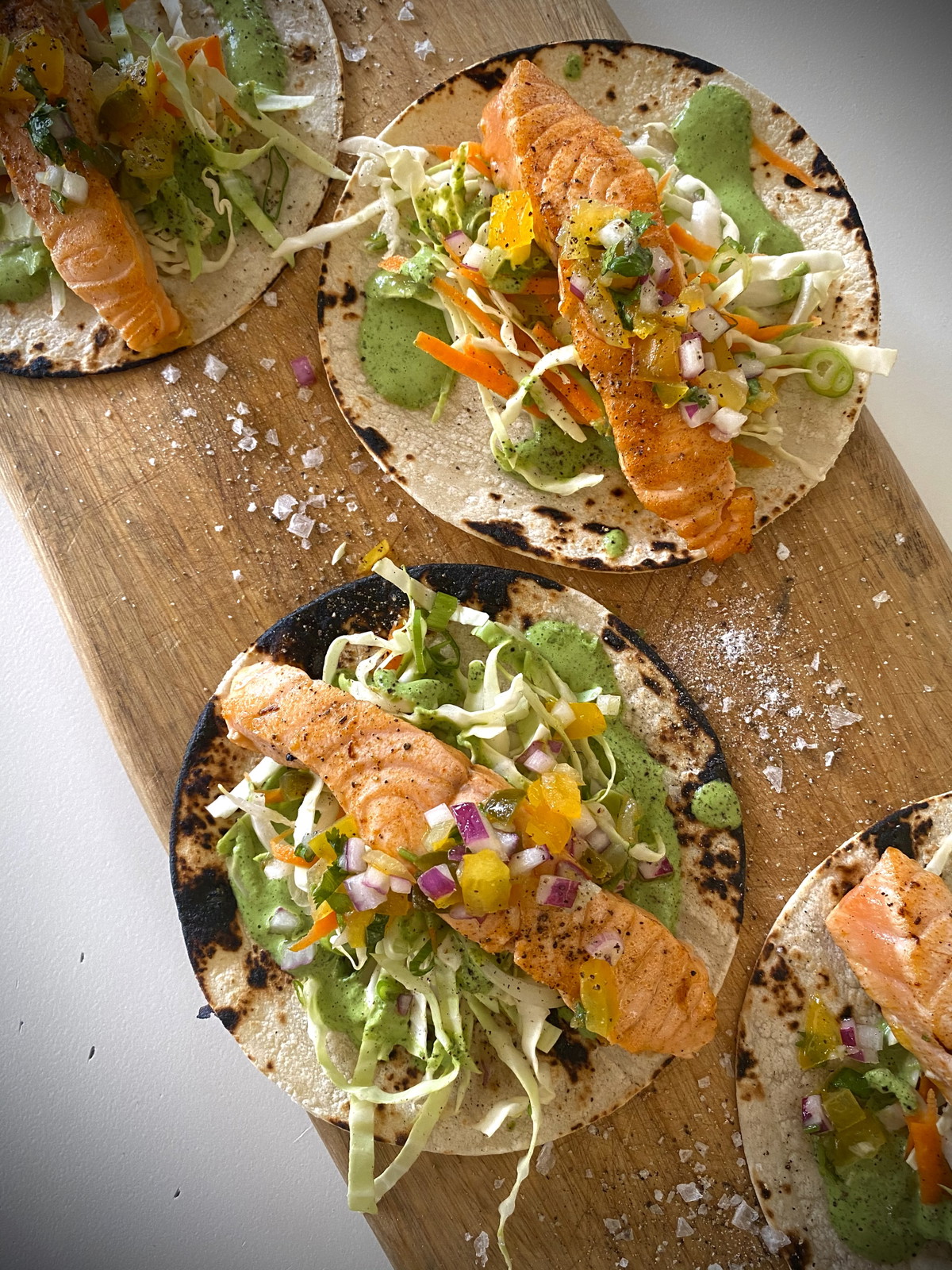 huon salmon taco with coriander dressing & salsa
