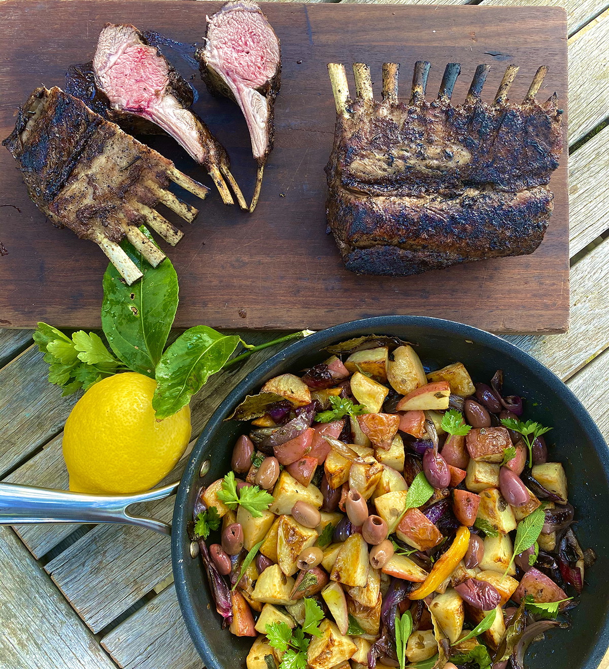 spiced lamb rack with olive potatoes