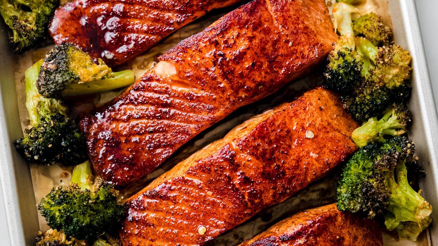 Image of Sheet Pan Honey Garlic Salmon with Roasted Broccoli